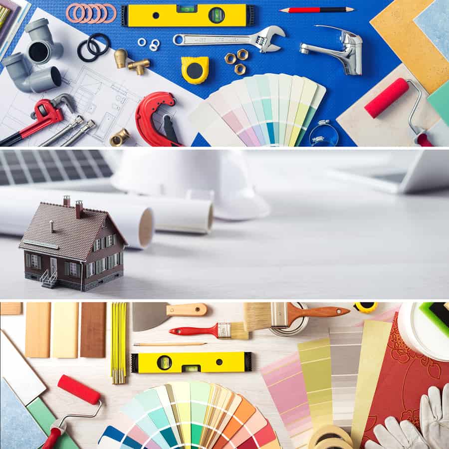 DIY home improvement and renovation banners set with work tools swatches and model house